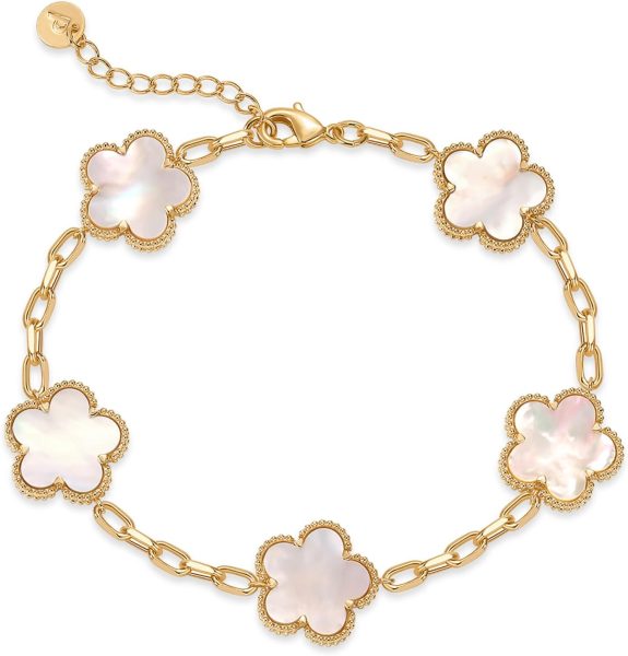 PAVOI 14K Gold Plated Clover Bracelets for Women - Flower Four Leaf Clover Bracelet - Mother of Pearl & Onyx Gemstone Lucky Flower Design - Adjustable Trendy Jewelry Gifts
