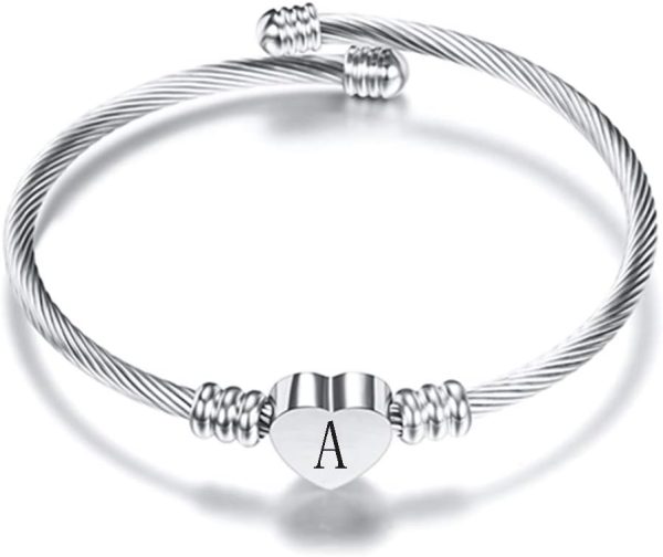 VQYSKO Silver Heart Initials Bracelet-A-Z Stainless Steel Engraved Charm Bracelet, Woman Jewelry Birthday Festival Gift